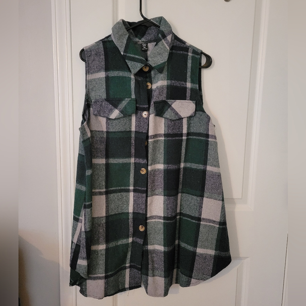 Green and Gray Plaid Sleeveless Shirt